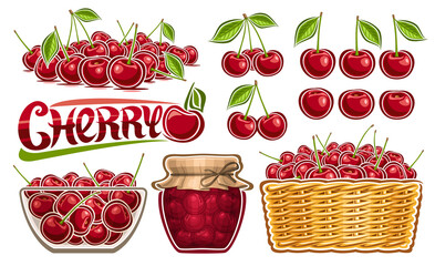 Vector Cherry Set, lot collection of cut out illustrations cherry still life with green leaves, group of ripe cartoon design berries in glass dish, full straw basket, word cherry, healthy fruit jelly