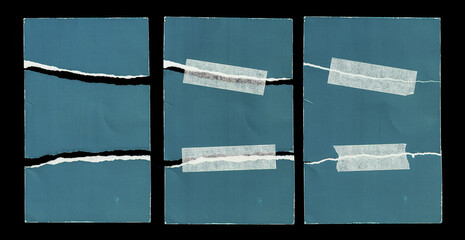 Wall Mural - Old Blue Empty Aged Ripped Torn Damaged Paper Cardboard Photo Card Isolated on Black. Adhesive Scotch Tape Pieces. Scan. Folded Edges. Rough Grunge Shabby Scratched Texture. Distressed Overlay Surface