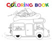 Malvorlage Familie fährt mit dem Wohnmobil in Sommerurlaub, 
Badeurlaub, Coloring Book, 
Vektor Illustration isoliert auf weiß
