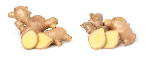 Wall Mural - Close up, Fresh ginger rhizome and sliced isolated on white background, collection