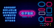 © Anastasia Gapeeva - Open neon sign. Welcome emblems for shop, cafe and bar. Shiny blue alphabet. Vector stock illustration