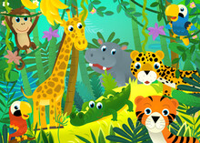 Cartoon Scene With Jungle Animals Together Illustration