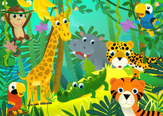 cartoon scene with jungle animals together illustration