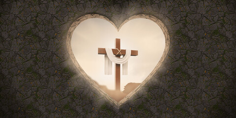 Heart background with cross and flowers in 3d render