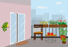 The Interior Of The Balcony, Veranda - A Place To Relax. Table, Chair, Flower Pots And Seedling Boxes. Interior Vector Illustration. For Use In Brochures, Flyers And Posters, Advertisements, Books.
