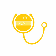 Wall Mural - Healthy food vector logo design. Big burger with stethoscope icon logo design.