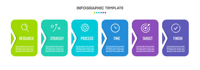 Aufkleber - Timeline arrow infographic design with 6 options or steps. Infographics for business concept. Used for presentations workflow layout, banner, process, diagram, flow chart, info graph, annual report.