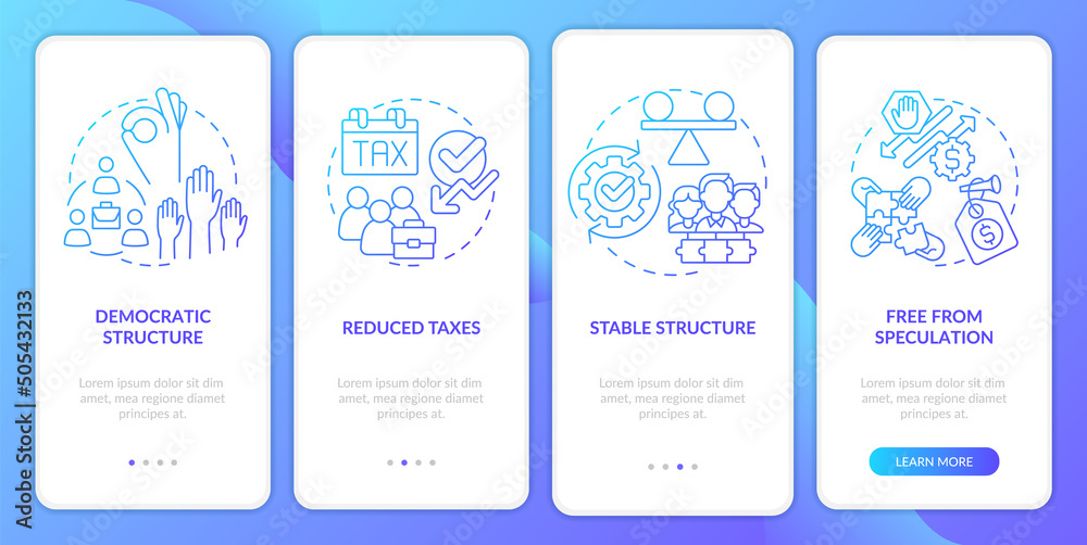 Advantages of co-ops blue gradient onboarding mobile app screen ...