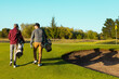 Rear view of multiracial young male friends walking at golf course against clear sky, copy space