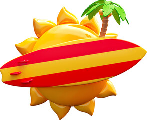 Sticker - beach label with surfboard and sun in 3d render 