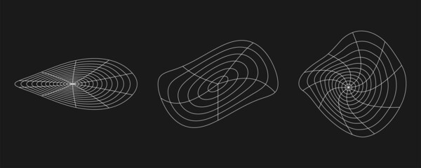 Poster - Cyber distorted grid, retro punk design element. Wireframe wave geometry grid on black background. Vector illustration
