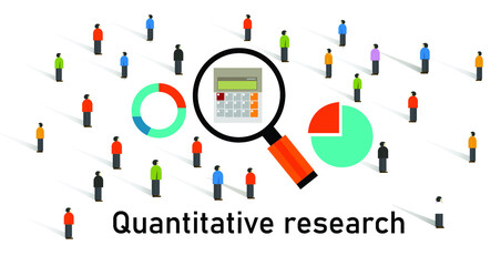 vector illustration of a quantitative research concept with magnifier, calculator, and a crowd