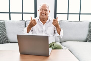 Wall Mural - Senior man using laptop at home sitting on the sofa success sign doing positive gesture with hand, thumbs up smiling and happy. cheerful expression and winner gesture.