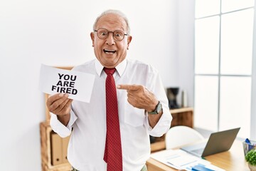 Wall Mural - Senior business man holding you are fired banner at the office smiling happy pointing with hand and finger