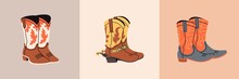 Set Of Stylish Cowboy Boots With Different Ornaments. Shoe Pairs Collection. Wild West Theme. Hand Drawn Colored Trendy Vector Illustration