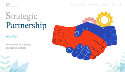 Poster - Strategic partnership, handshake gesture concept. Teamwork, brainstorming, joint search for creative strategy. Business web page template. Partners shaking hands after signing contract agreement