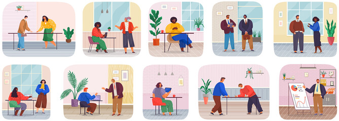 Wall Mural - Set of illustrations about office work. People communicating, having conversation at workplace. Businessman makes presentation of statistical research. Business partners are talking on meeting