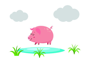 Wall Mural - Illustration of a pig in its natural habitat.A pig that sleeps in near the lawn and grass.