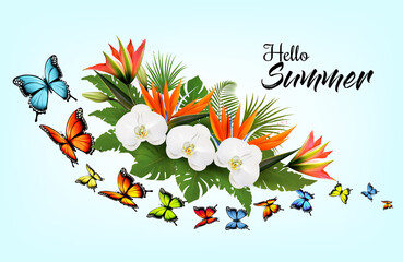 Aufkleber - Hello Summer Background With Exotic Leaves And Tropical  Flowers and Butterflies. Vector.