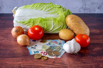 Wall Mural - Food lies on a wooden table along with European banknotes and coins symbolizing inflation.