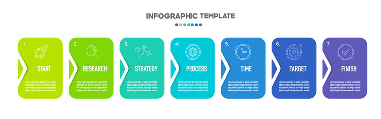 Poster - Timeline arrow infographic design with 7 options or steps. Infographics for business concept. Used for presentations workflow layout, banner, process, diagram, flow chart, info graph, annual report.