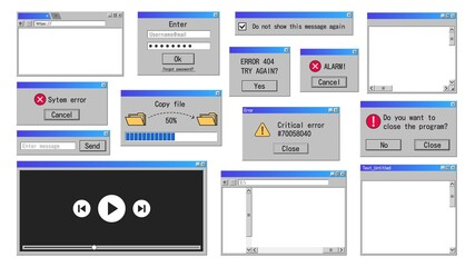 Fototapete - Old interface windows. Retro error message, internet browser and file manager classic software design. Vector old system elements