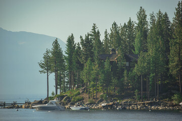 Sticker - View of the boat in the sea surrounded with the forest