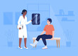 Doctor showing x-ray picture of broken leg to patient flat color vector illustration. Clinic traumatology department 2D simple cartoon characters with hospital office on background