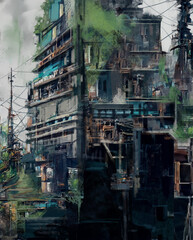 Canvas Print - 3d illustration of an abstract building built over an ominous pit in a anime style - fantasy painting