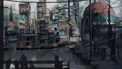 Poster - Digital painting of an abstract sci-fi fishing village concept art for games and movies - fantasy illustration