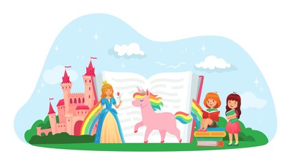 Wall Mural - Kids reading book. Girls sitting on book pile and enjoying literature, imagining princess, unicorn characters near castle