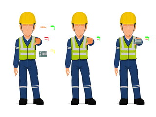 set of industrial worker is presenting a card