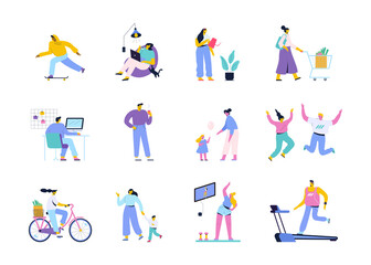 Collection of flat vector men and women isolated on white background. Happy parents, couples, friends, fitness, riding bicycle, working with computer, shopping