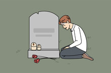 Sad Man Sitting Near Grave At Cemetery Mourning After Passed Wife Or Mother. Unhappy Desperate Widower Put Flowers And Candles On Memorial Day Yearning And Missing. Vector Illustration. 