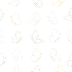 Poster - Colorful line art butterfly flying seamless pattern. Butterflies insects continuous one line drawing. Vector isolated on white.