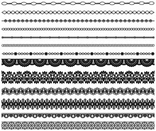 Set Of Different Lace Ribbons With Ornament. Black Design Elements Isolated On White Background. Seamless Pattern For Creating Style, Decor Design. Lace Decoration Template, Geometric Print