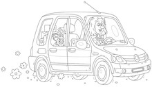 Happy Girl With Her Cute Lapdog Driving A Small Car Full Of Gift Boxes From A Shop After A Sale, Black And White Vector Cartoon Illustration For A Coloring Book Page