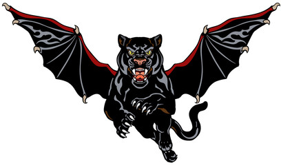 Wall Mural - Panther with bat-like wings. Mythological winged big cat jump in the front view. Tattoo style isolated vector illustration 