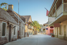 Historic St Augustine Florida Main Street With Oldest Wooden School House, Shops And Cafes.