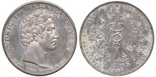 Bavaria Bavarian Germany German Silver Coin 1 One Thaler 1835, Subject Entry Of Baden To German Customs Union, Head Of King Ludwig I Right, Caduceus With Branches, Date Below,