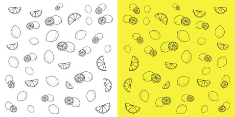 Sticker - Lemon doodle pattern on black and yellow background. Lemon doodle background  for packaging