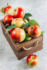 Wall Mural - Fresh organic green and red apples in the wooden box. On light gray background.