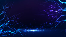 Vector Banner Illustration Lightning Of Thunder  In Abstract Blue Background With Neon Sparkles And Light.