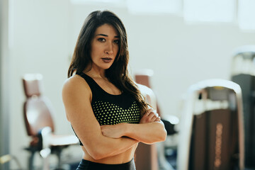 Portrait of a fit, muscular, sweaty sportswoman taking a break in a gym.