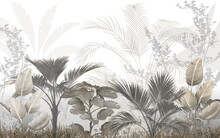 Tropical Trees And Leaves Wallpaper Design In Foggy Forest - 3D Illustration
