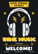 Indie music flyer, live event poster background template with headphones. design illustration