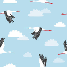 Seamless Flying Stork Birds And Clouds Pattern. Vector Illustration.