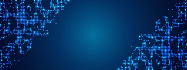 Poster - Blue abstract mosaic background frame. Shimmer texture pixel, squares, stars. Wave pattern geometric shapes. Poster design website, social networks, business, technology. Vector illustration.