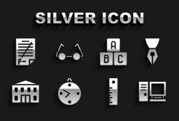 Sticker - Set Clock, Fountain pen nib, Computer monitor, Ruler, School building, ABC blocks, Exam paper with incorrect answers and Glasses icon. Vector