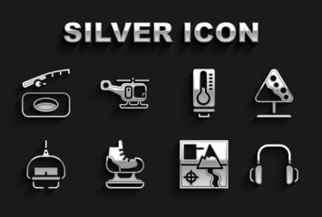 Sticker - Set Skates, Road sign avalanches, Winter headphones, Folded map, Ski lift, Meteorology thermometer, fishing and Rescue helicopter icon. Vector